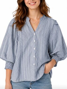 Joh Apparel Striped Blue Button-Front Smock Sleeve Blouse